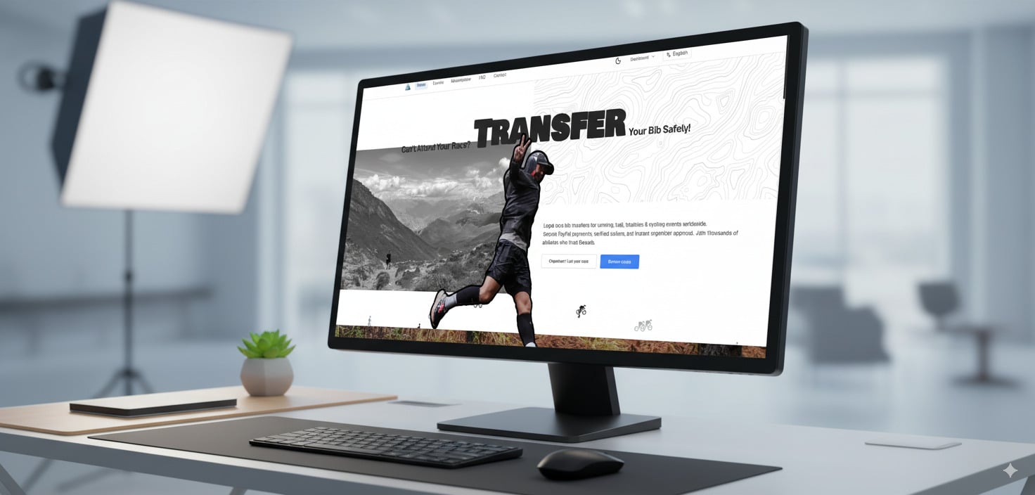 A sleek computer monitor in a bright, minimalistic workspace, showcasing the word 'TRANSFER' boldly. A runner is depicted in the background, emphasizing fitness and activity, alongside a stylish keyboard and a potted plant.
