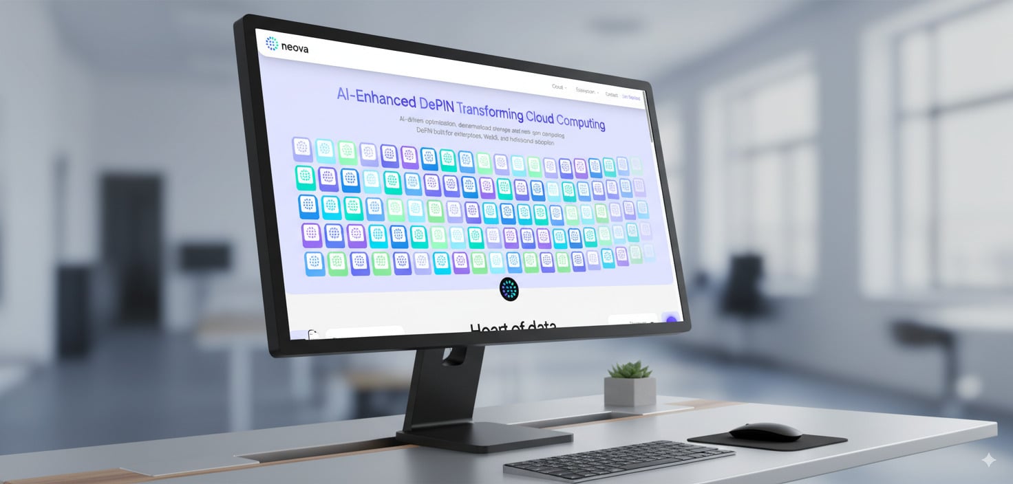 A modern computer monitor displaying the website titled 'AI-Enhanced DePIN Transforming Cloud Computing', featuring colorful icons for data applications in a professional office environment.