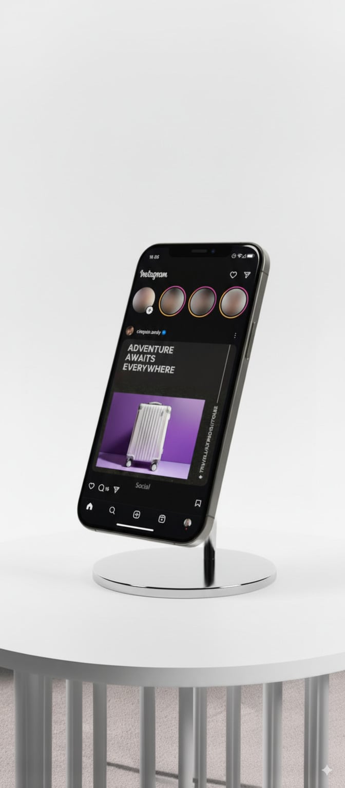 Smartphone on a metallic stand displaying an Instagram post about travel, with a purple background and a luggage case, on a minimalist white table.