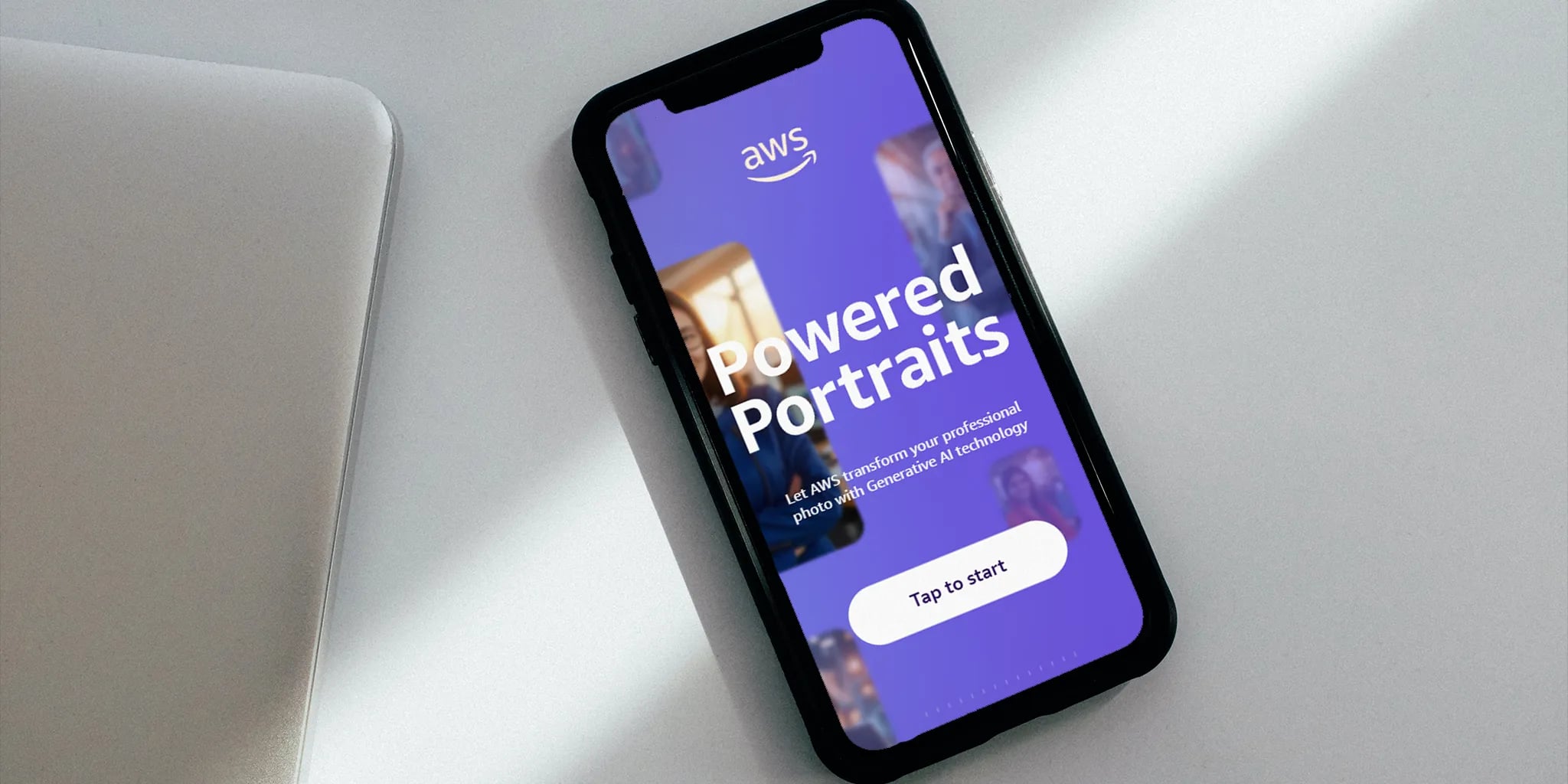 Smartphone displaying the Powered Portraits app featuring Generative AI technology, set against a vibrant purple background with a 'Tap to start' button.