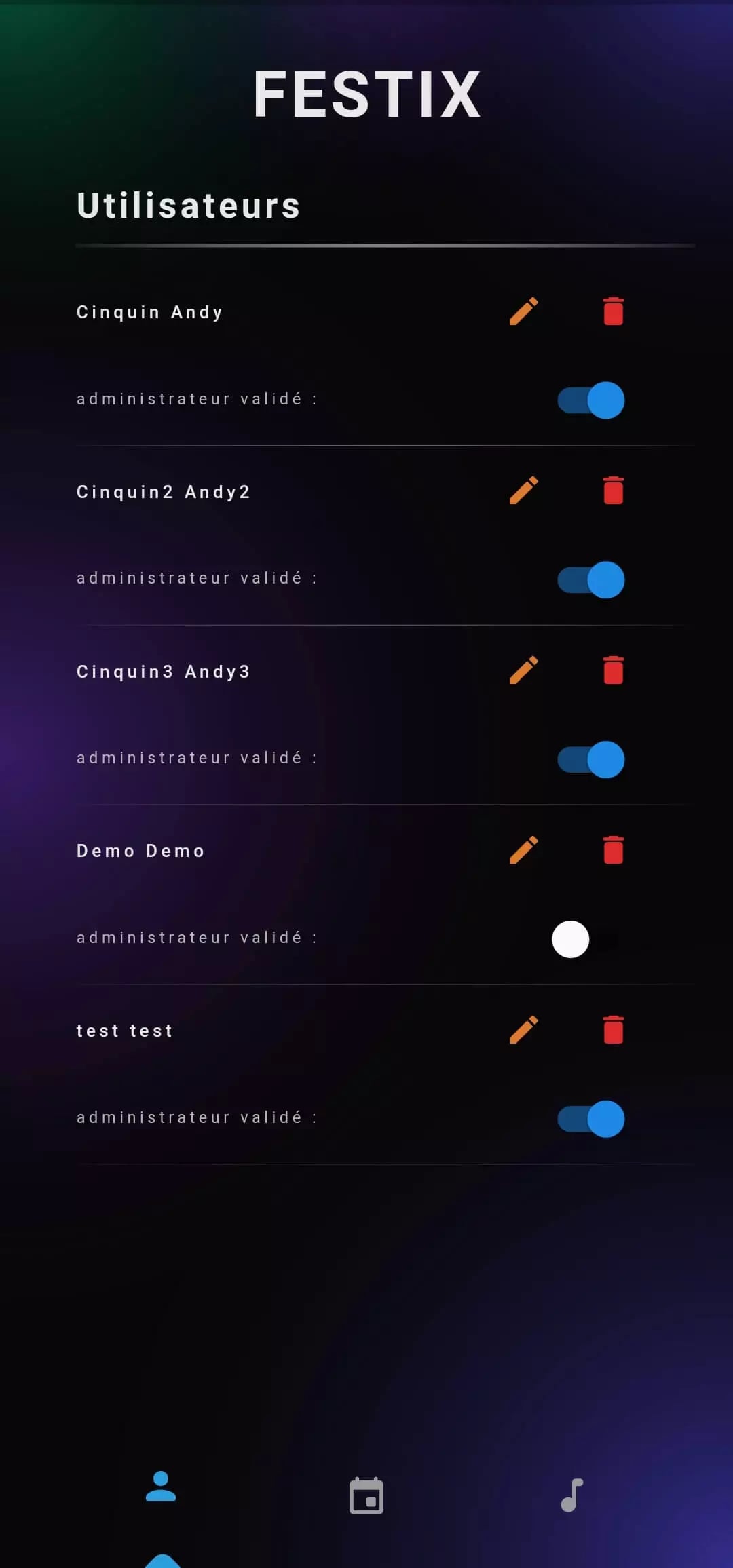 Dark mobile application interface displaying user accounts with names like Cinqin Andy, Cinqin2 Andy2, Cinqin3 Andy3, Demo Demo, and test test. Each account marked as validated administrator with toggle switches, edit and delete icons.