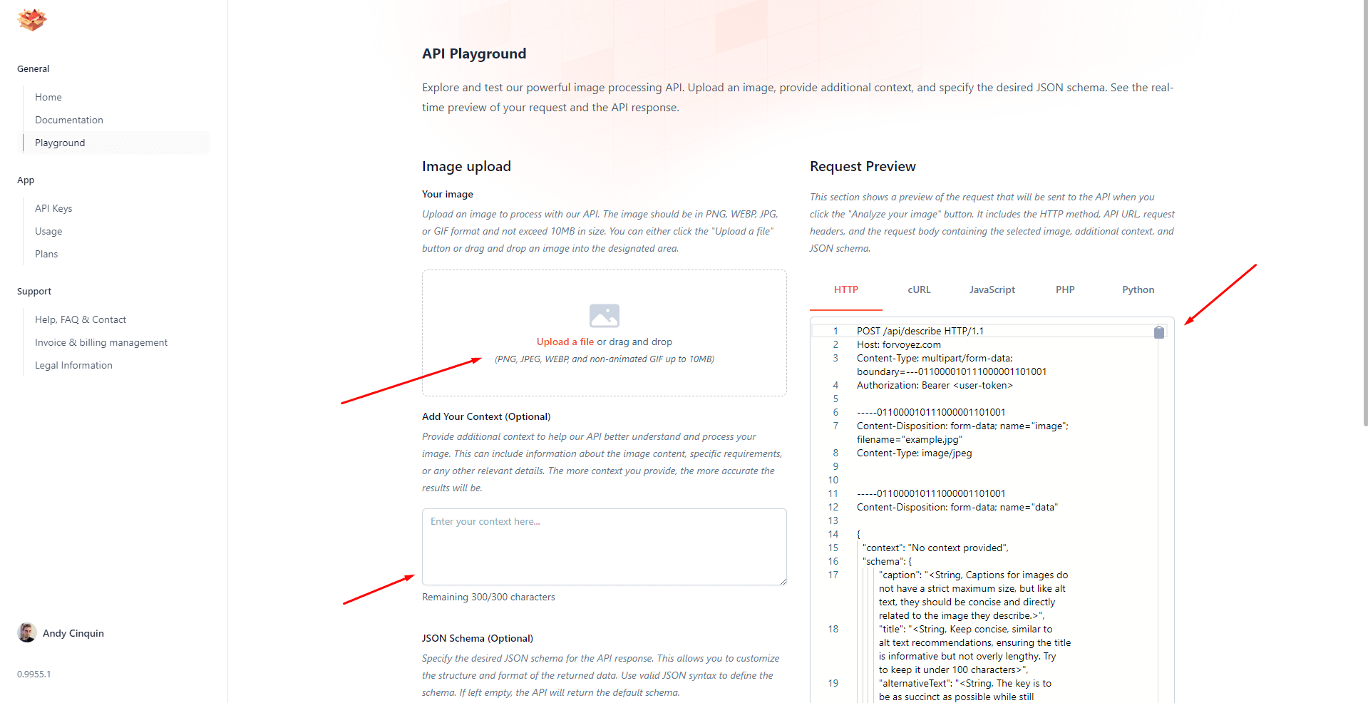 Webpage interface displaying an API Playground for image processing with options for uploading and testing image processing through API requests.