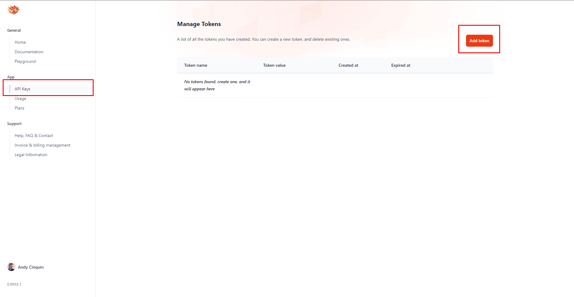 Screenshot of a web application interface focused on managing API tokens, featuring a 'Manage Tokens' section with an empty table and an option to add a new token.