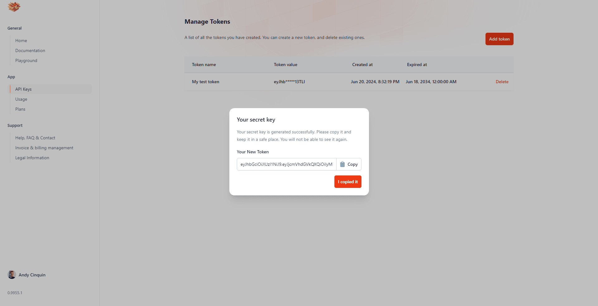 Screenshot of a web page displaying a table with API tokens including name, value, creation, expiry date, with options to add or delete tokens. Highlighted section shows a newly generated secret key with copy instructions.