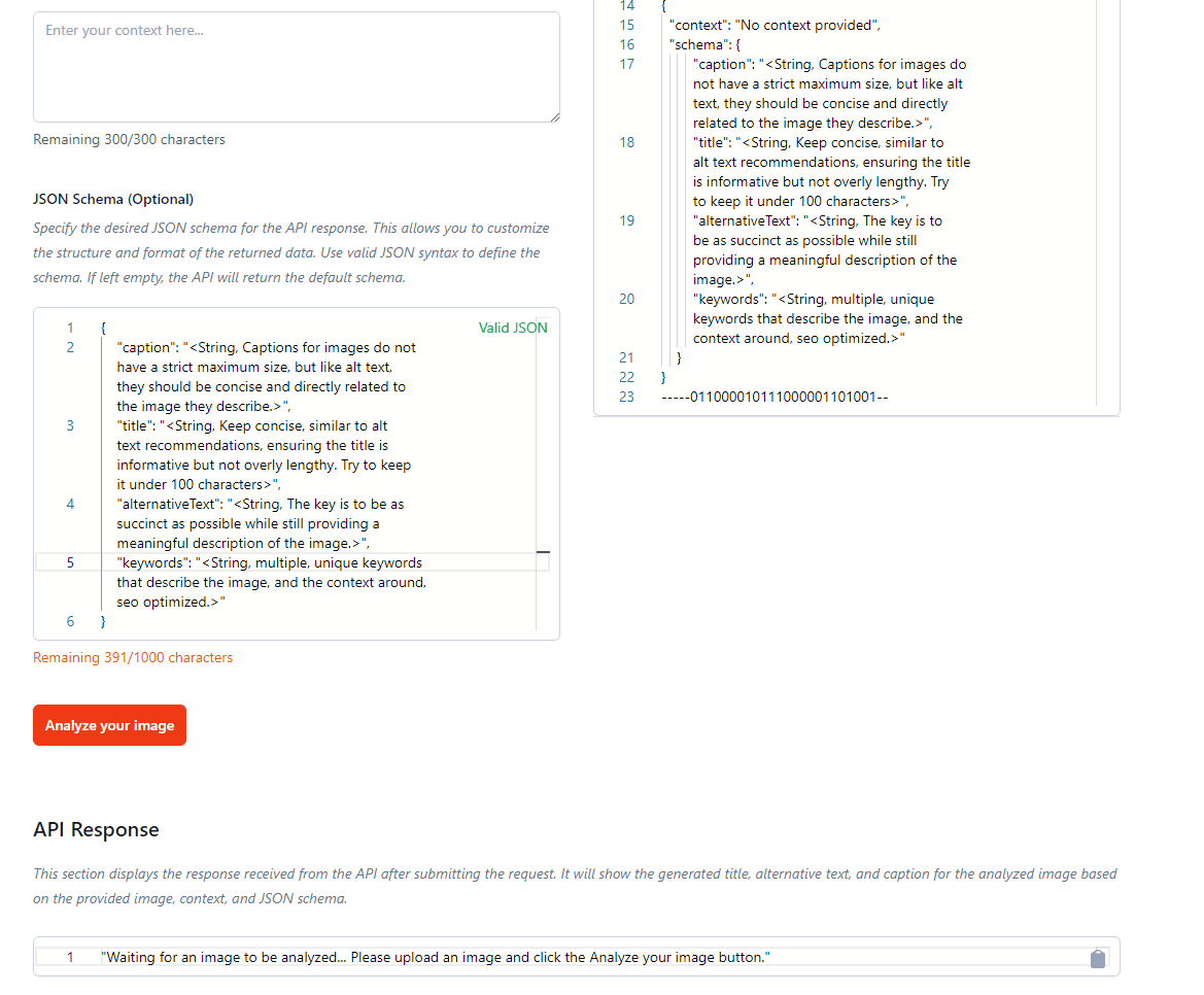 Computer interface displaying sections for image analysis including context area, JSON Schema template, analyze image buttons, and API response section.