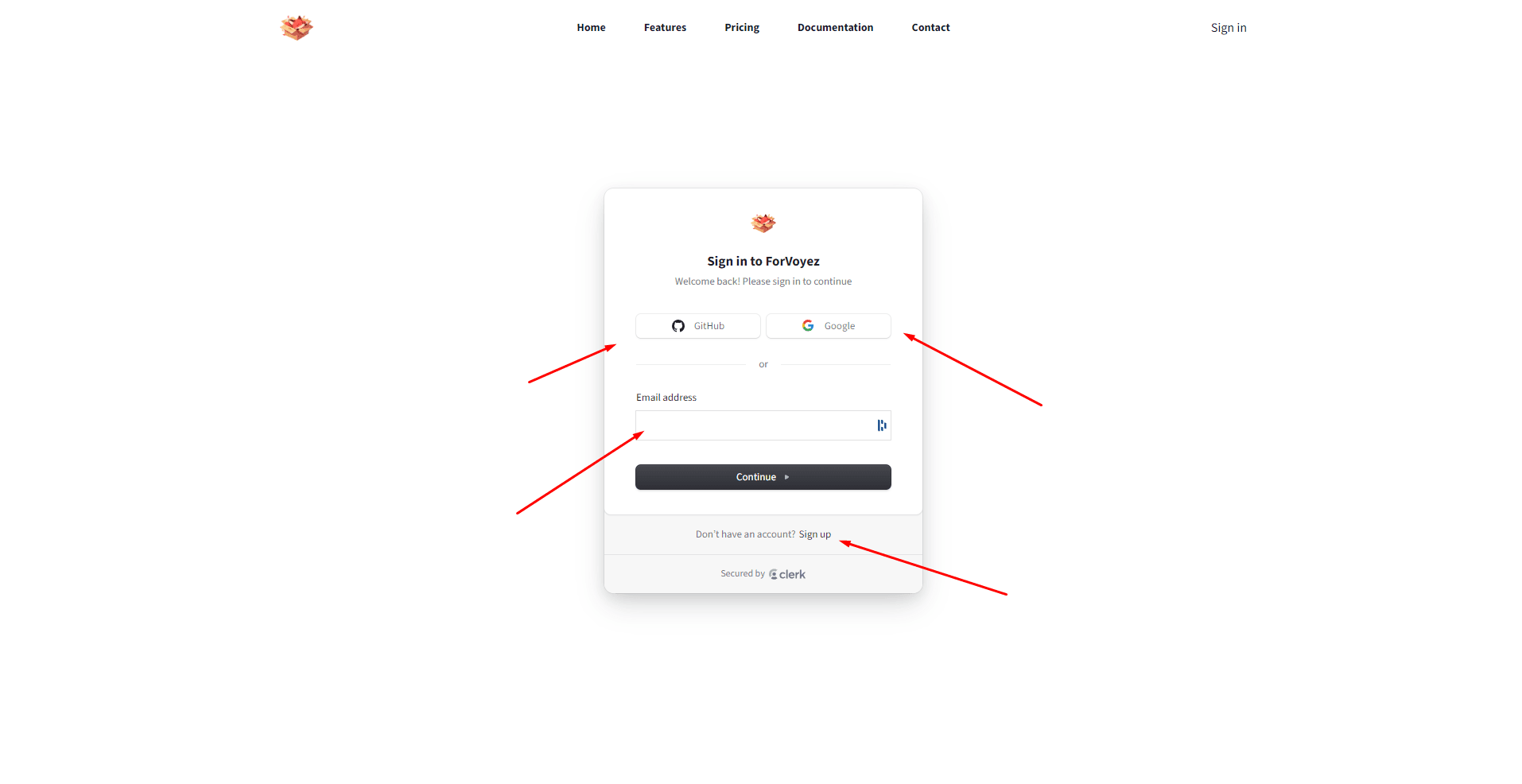Image of a user sign-in interface for ForVoyez website with options to sign in using GitHub or Google, email address entry field, continue button, and sign up link