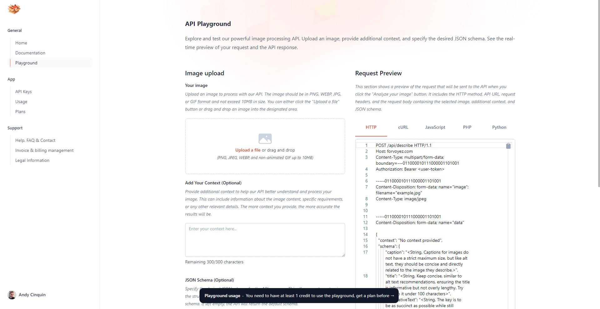 Web interface for testing a powerful image processing API with image upload and preview code snippets in different programming languages.