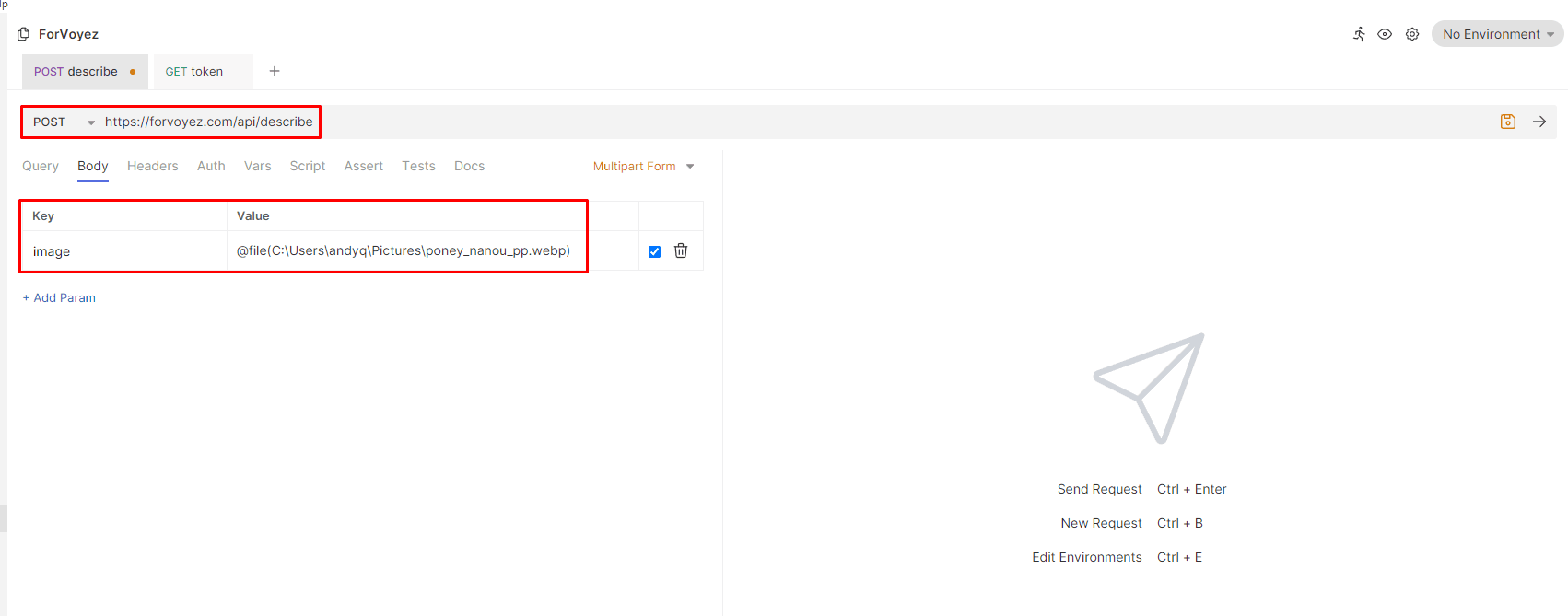 Screenshot of a Postman user interface with a prepared POST request to a URL for an image description service