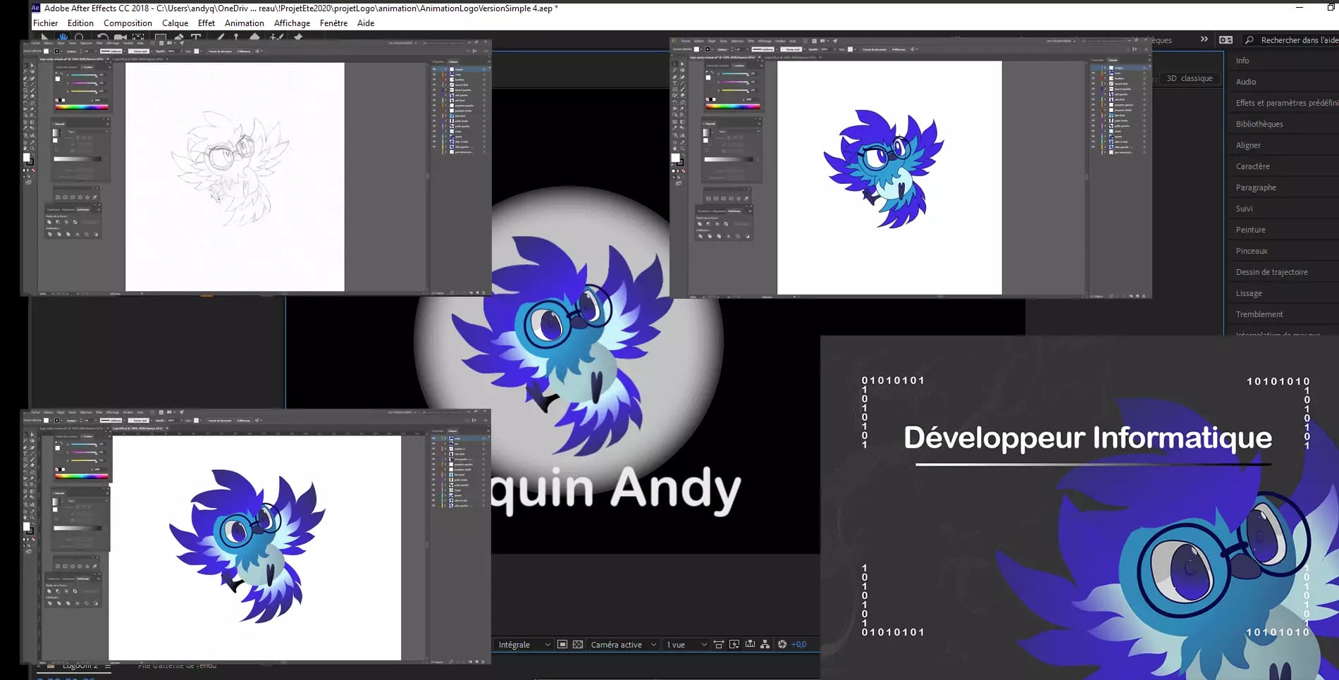 Multi-monitor computer setup displaying graphic design and animation software interfaces with a stylized blue owl character being created or edited.