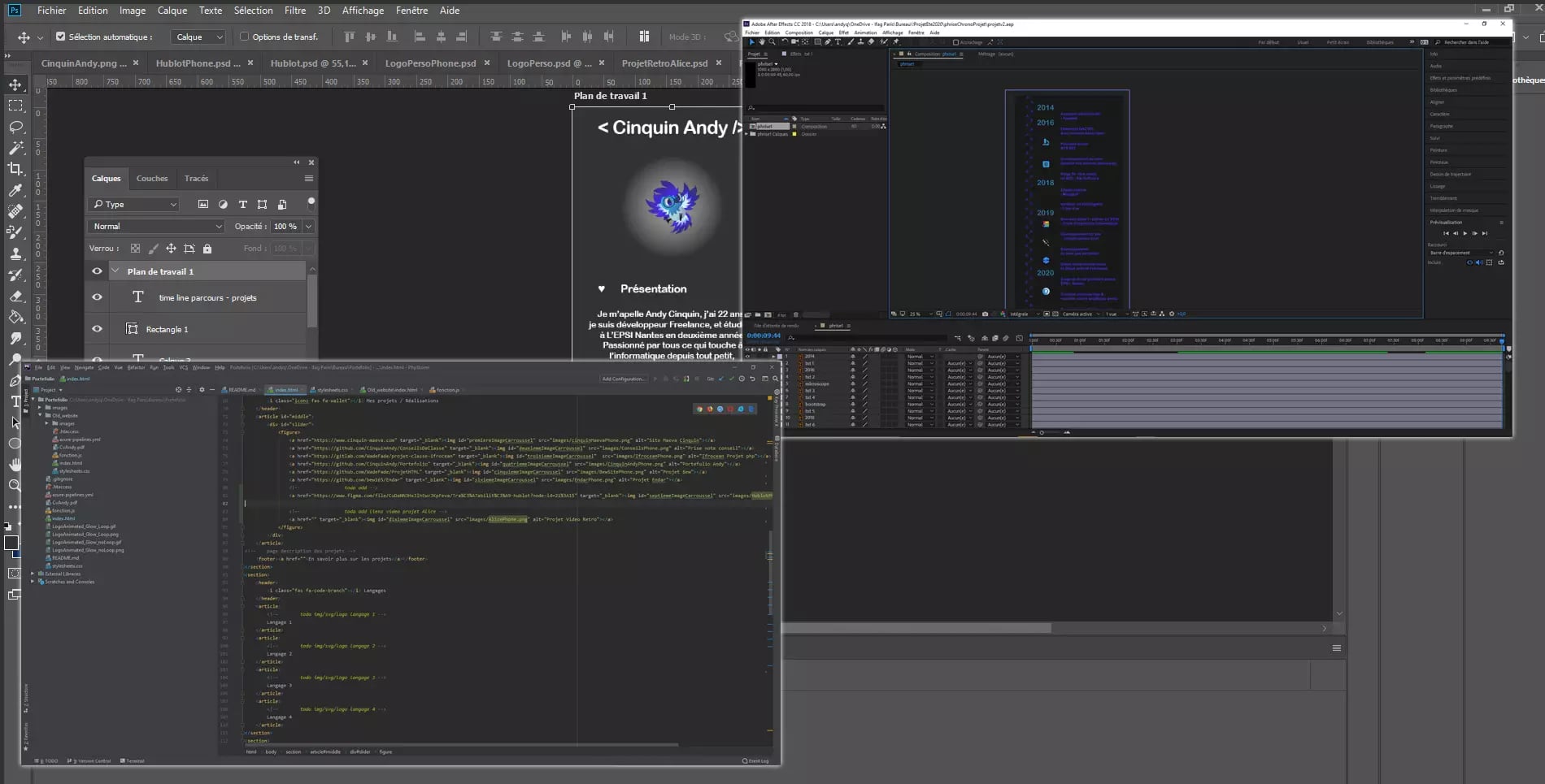 Computer screen displaying Adobe Photoshop, code editor with HTML code, and Adobe After Effects open for graphic design and web development tasks