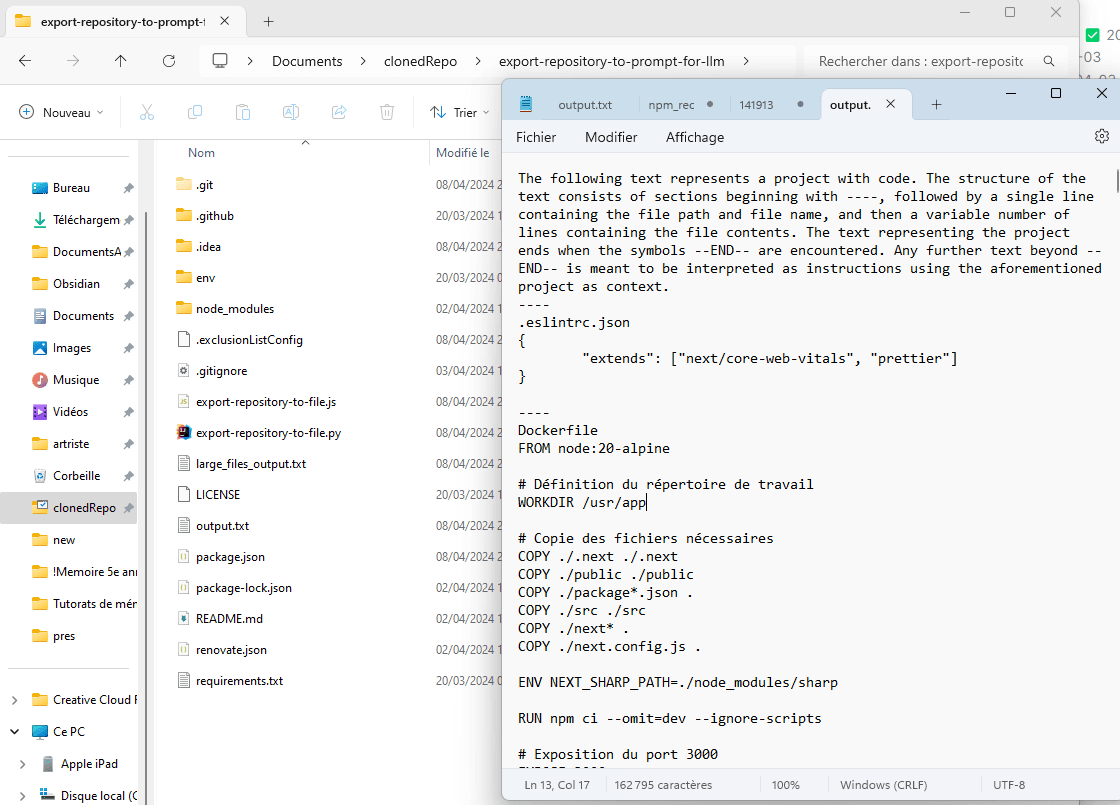 Computer screen with a text editor open to a file named output.txt showing project structure code and Dockerfile configuration with folder navigation panel on the left.