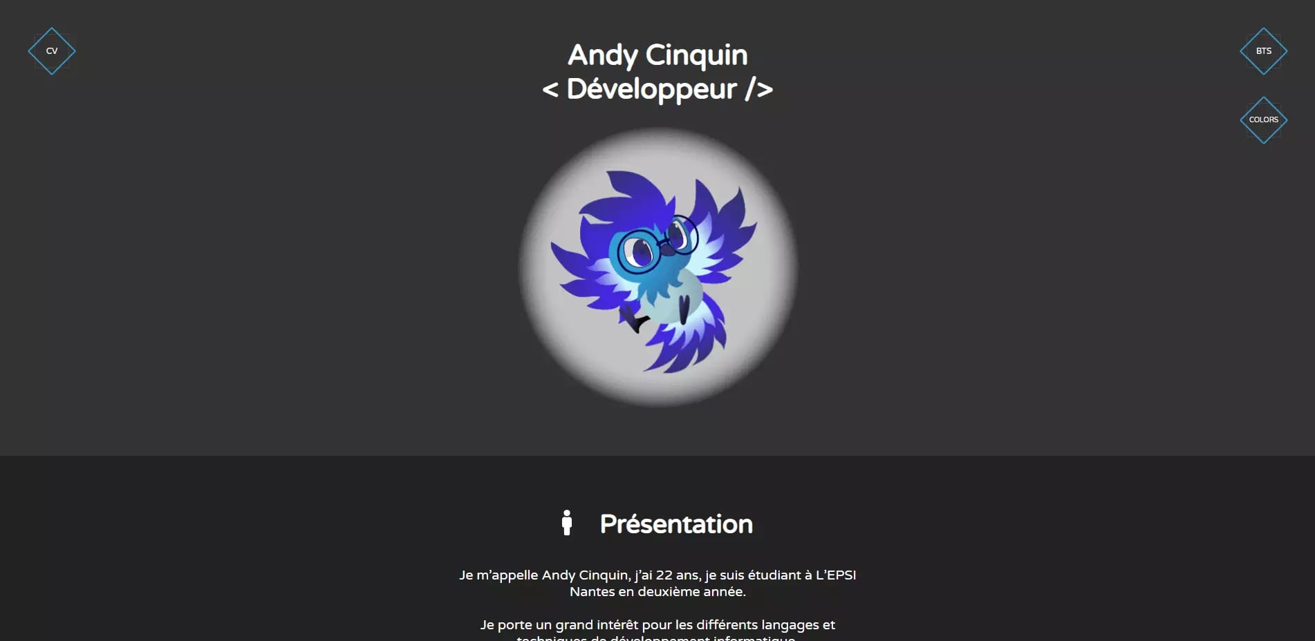 Screenshot of Andy Cinquin's developer portfolio website featuring a stylized owl graphic and navigation buttons