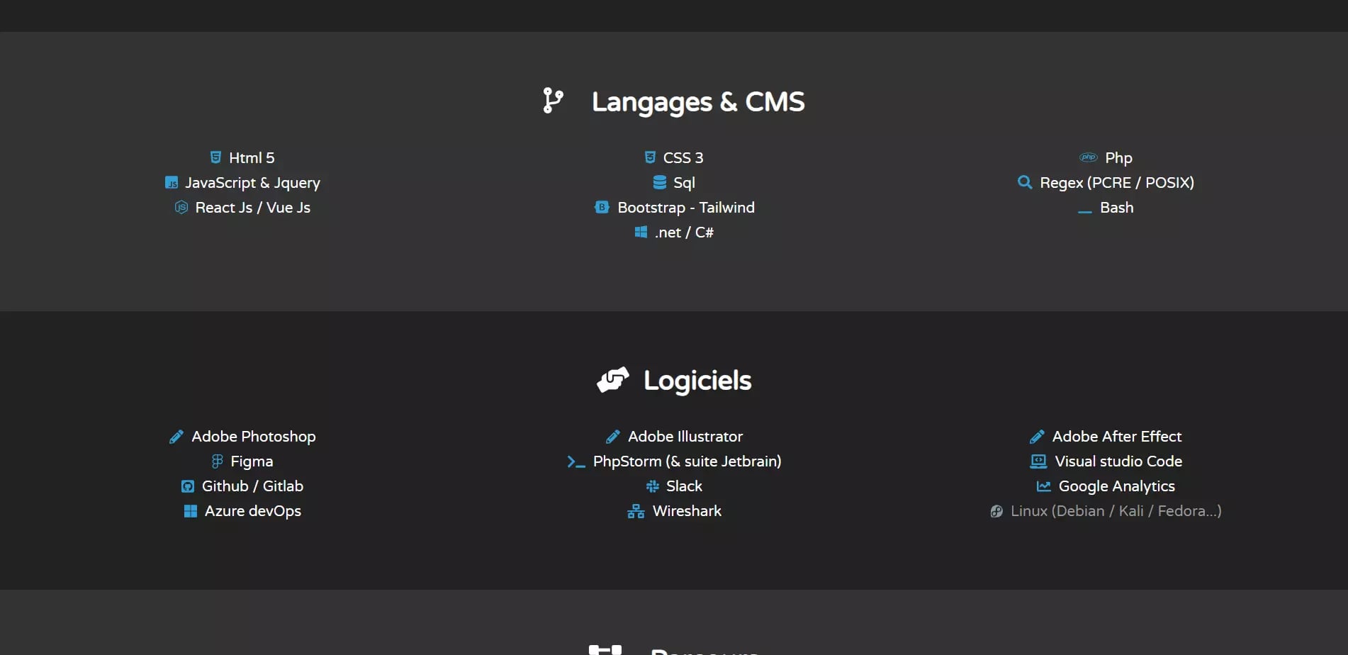 A list of technical skills and software tools organized into two categories: Languages & CMS and Software, including icons and names of programming languages, development tools, design software, and operating systems.
