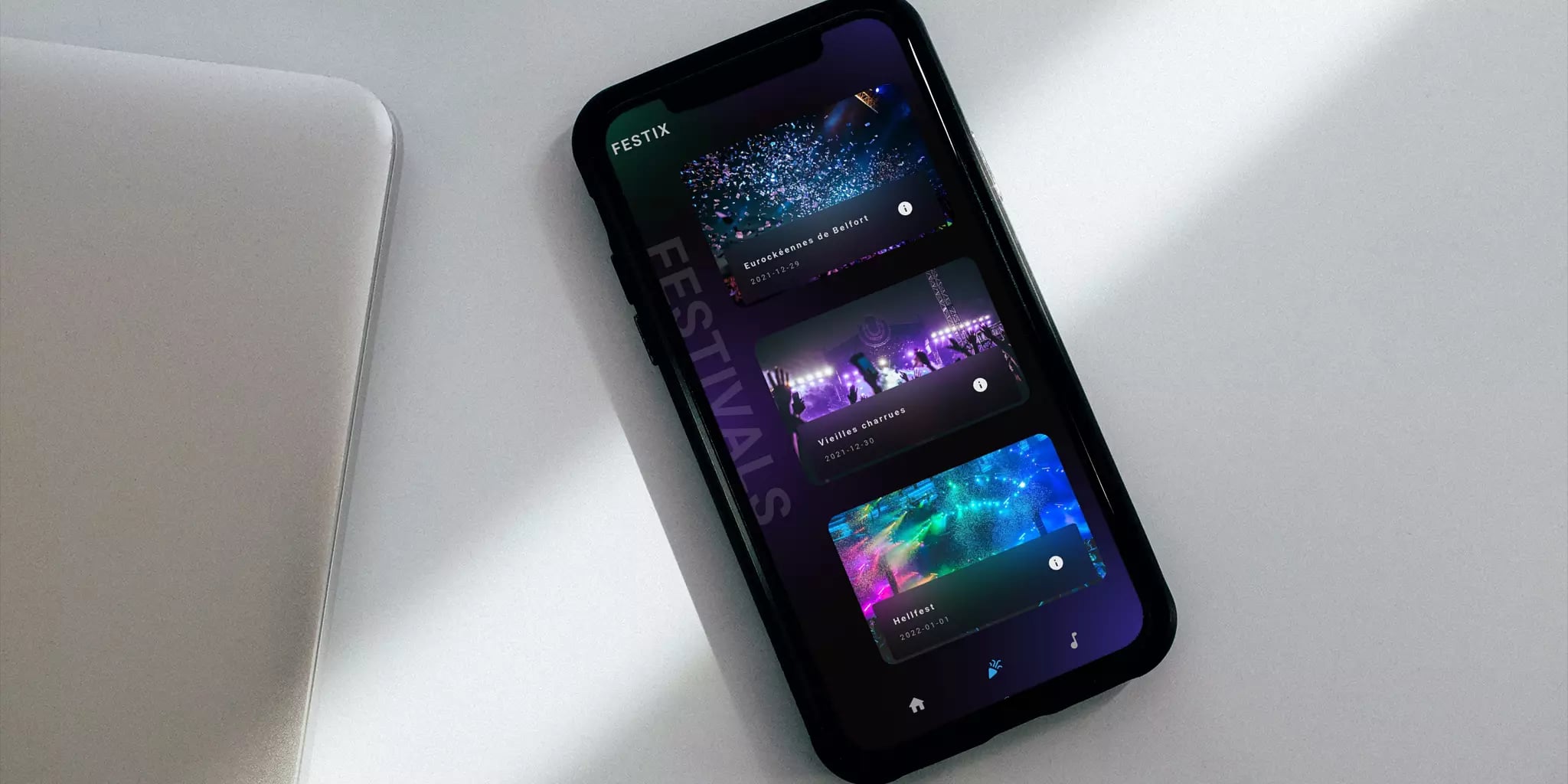Smartphone displaying a music festival app interface with event listings