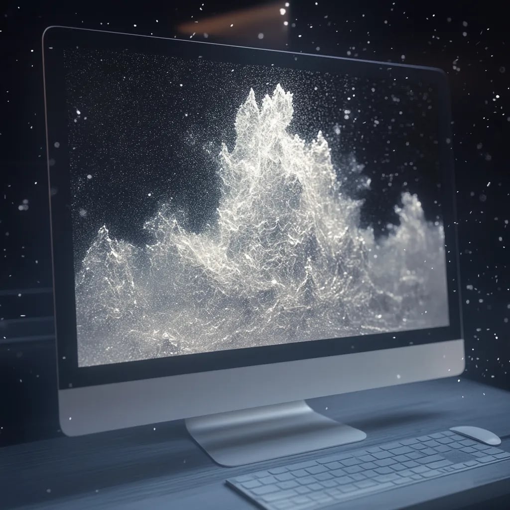 A modern desktop computer displaying an artistic visualization of swirling water-like textures against a dark background, emphasizing movement and creativity.