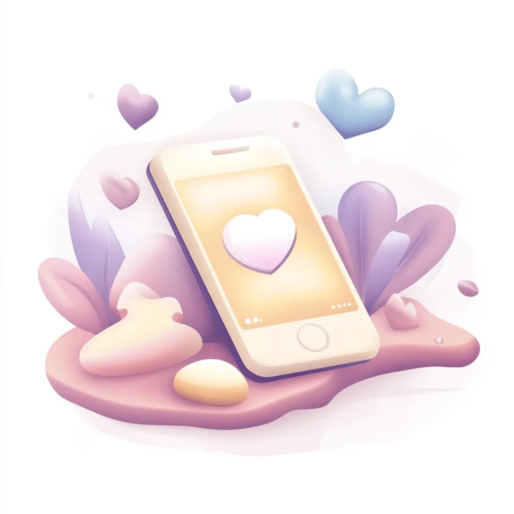 A digitally rendered smartphone displaying a heart icon against a soft pastel background adorned with whimsical heart and petal shapes in pink, light purple, and blue hues, symbolizing love and digital connection.