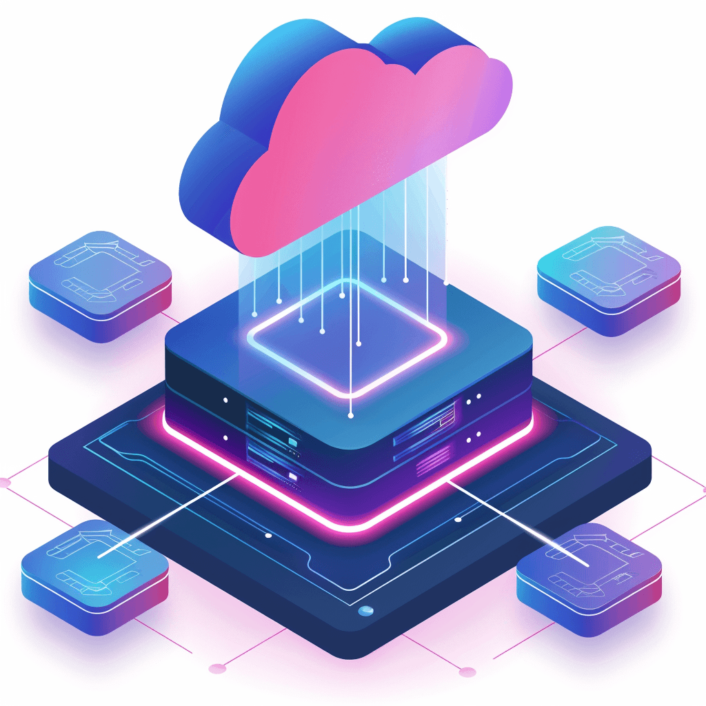Isometric illustration of cloud computing and data storage concept with stylized cloud above servers and devices connected by lines on grid floor in shades of blue and pink
