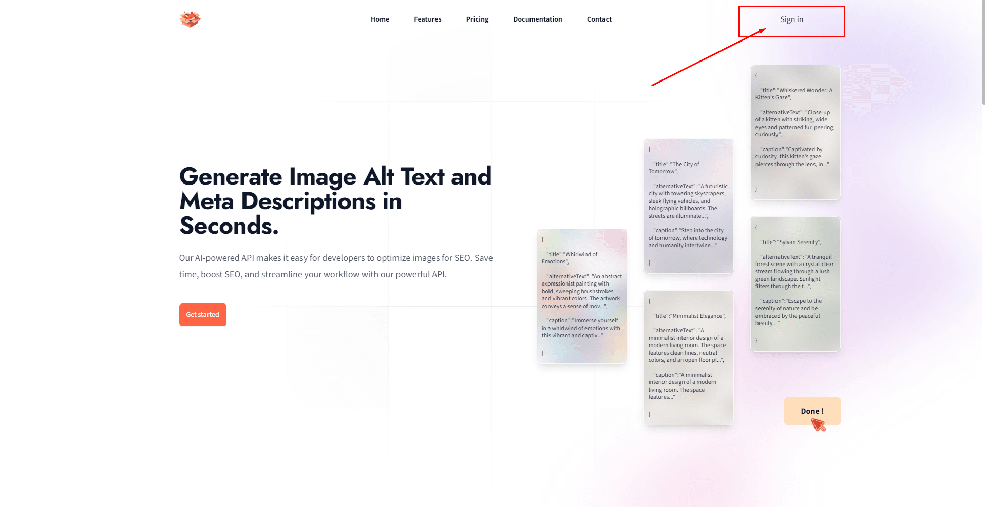 Webpage promoting a service for quick generation of image alt text and meta descriptions. Includes main heading, subtext, and 'Get started' button. Example alt texts in speech bubble-like boxes on right side.