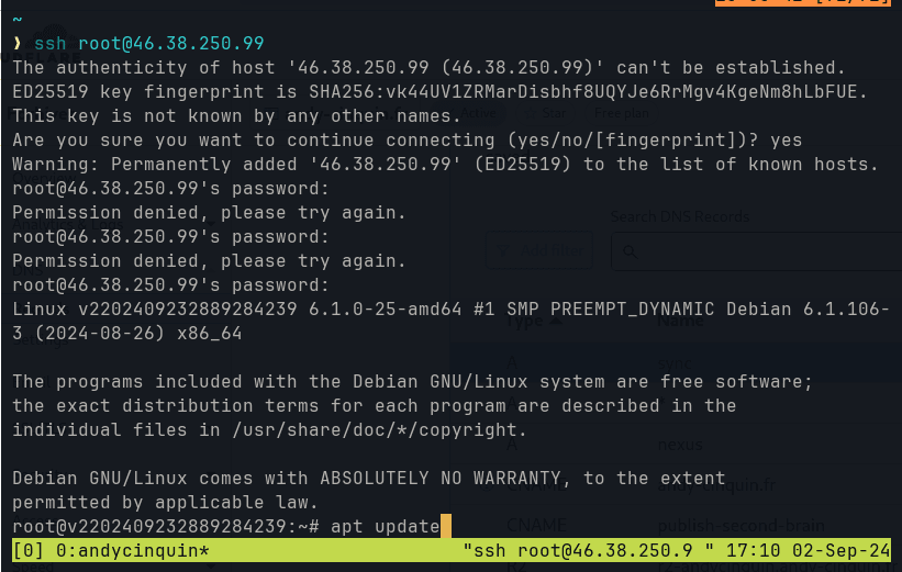 Computer terminal screen showing SSH connection attempt, permission denied messages, successful login, and 'apt update' command execution on remote server