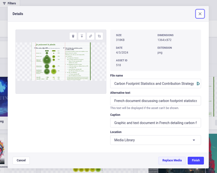 Computer interface displaying a graphic and text document in French discussing carbon footprint statistics. The document contains green circles and educational material on environmental topics.