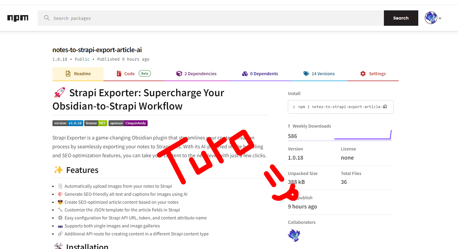 Screenshot of npm web page showcasing software package 'notes-to-strapi-export-article-ai' with title 'Strapi Exporter: Supercharge Your Obsidian-to-Strapi Workflow' and package details